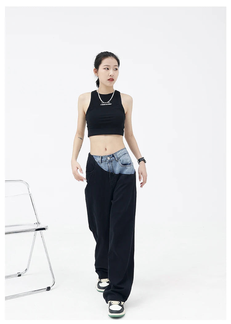 Casual Black Straight Jeans Vintage Patchwork Wide Leg Pants High Waist