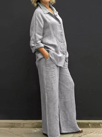 Linen Casual Two Pieces Set (Long Sleeve Shirt + Straight Pants)