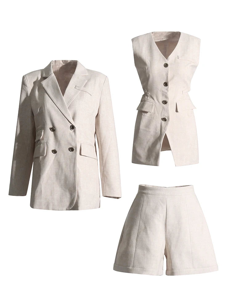 Beige Three Piece Sets (Jacket + V Neck Sleeveless Slim Vest + High Waist Shorts)