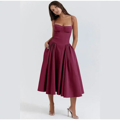 Elegant Retro Sleeveless Backless Pleated Midi Dress