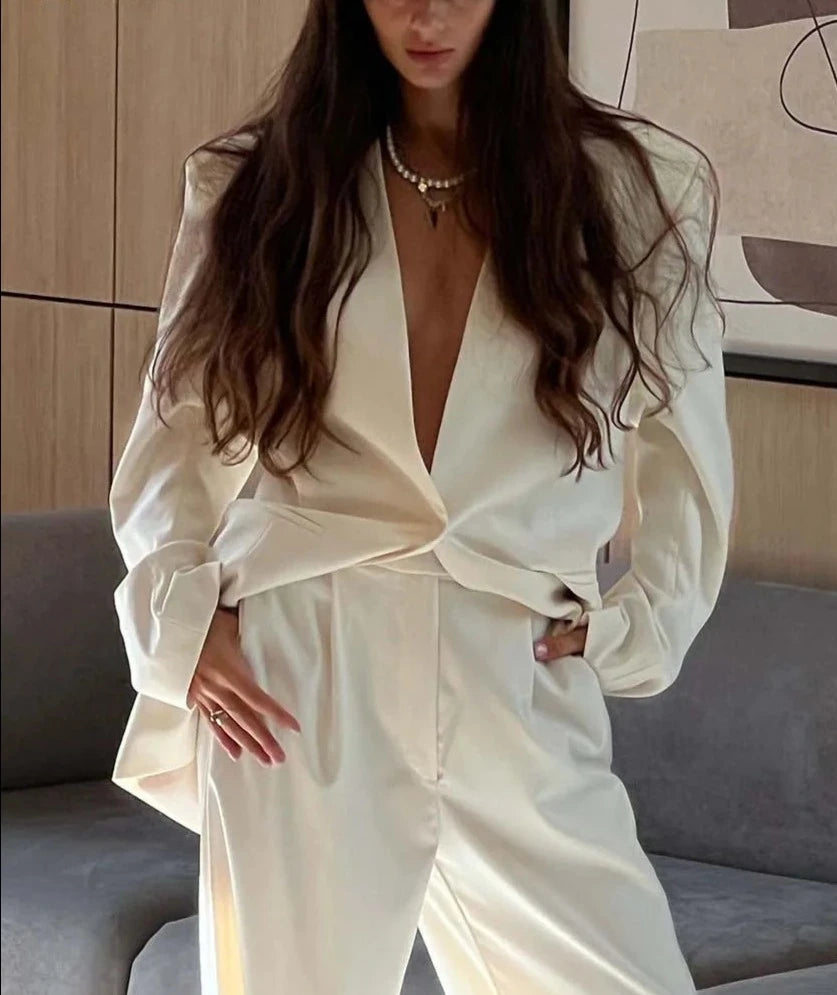 Oversized Elegant Two Piece Set (V-Neck Long Sleeve Shirts + High Waist Trousers)