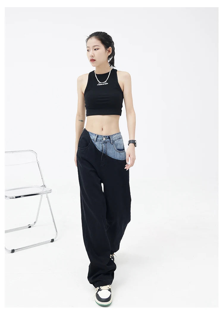 Casual Black Straight Jeans Vintage Patchwork Wide Leg Pants High Waist