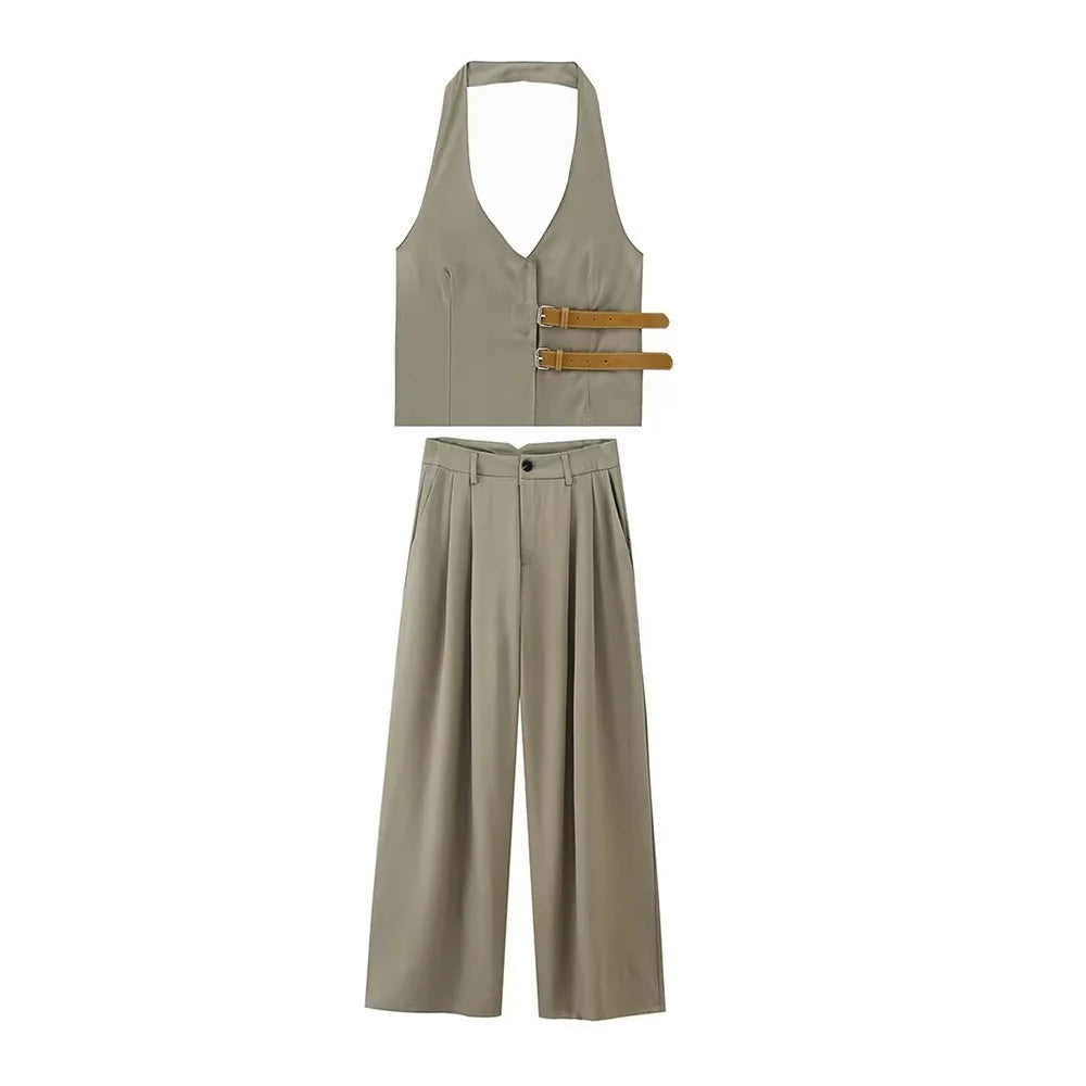 Fashion Unique and Elegant Belt with Hanging Neck Collar Tank Top & Pants Set