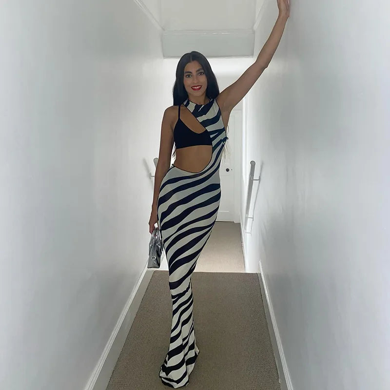 Zebra Print Long Dress Beach Style