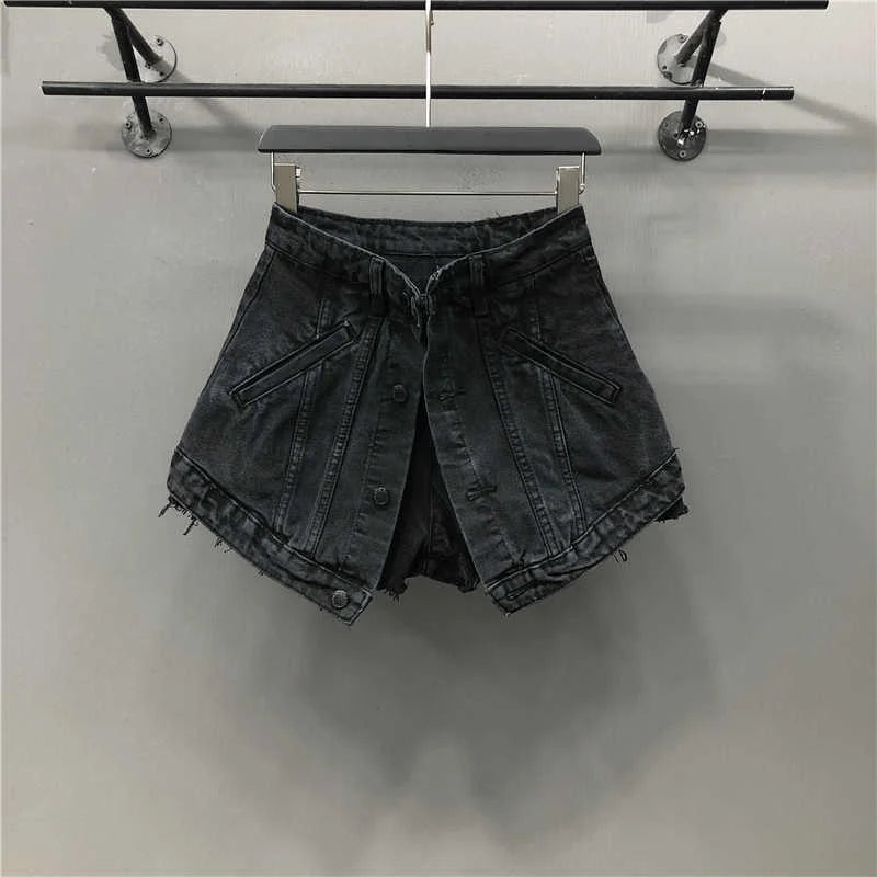 Fake Two Pieces High Waist A-line Thin Denim Shorts