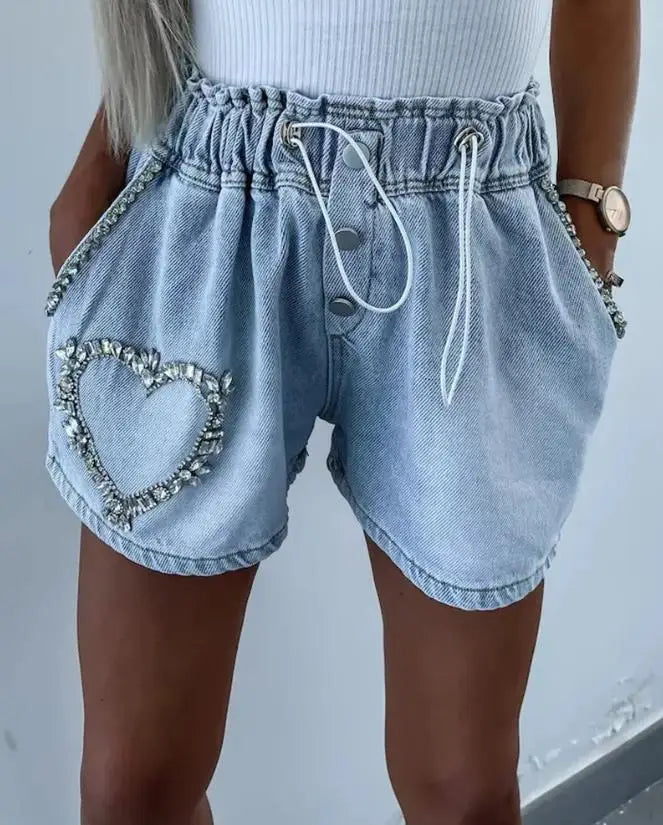 Denim Shorts Rhinestone Pocket Design