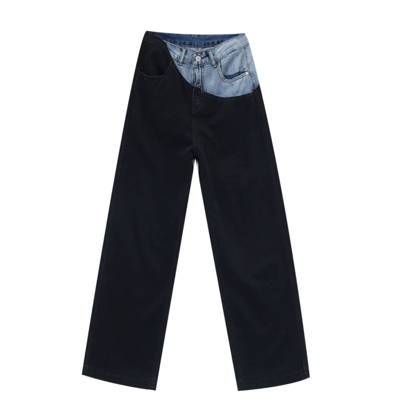 Casual Black Straight Jeans Vintage Patchwork Wide Leg Pants High Waist