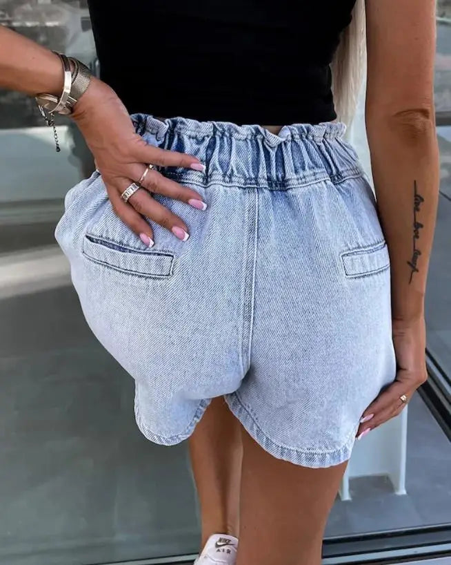 Denim Shorts Rhinestone Pocket Design