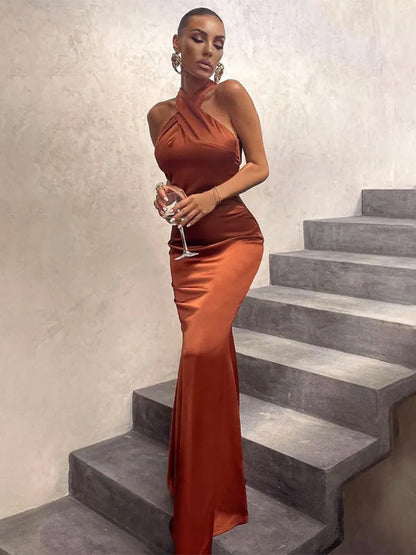 Sleeveless Cross Halter Satin Backless Maxi Dress