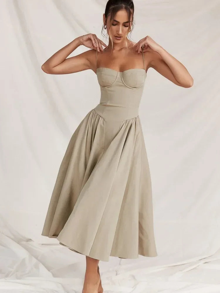 Elegant Retro Sleeveless Backless Pleated Midi Dress