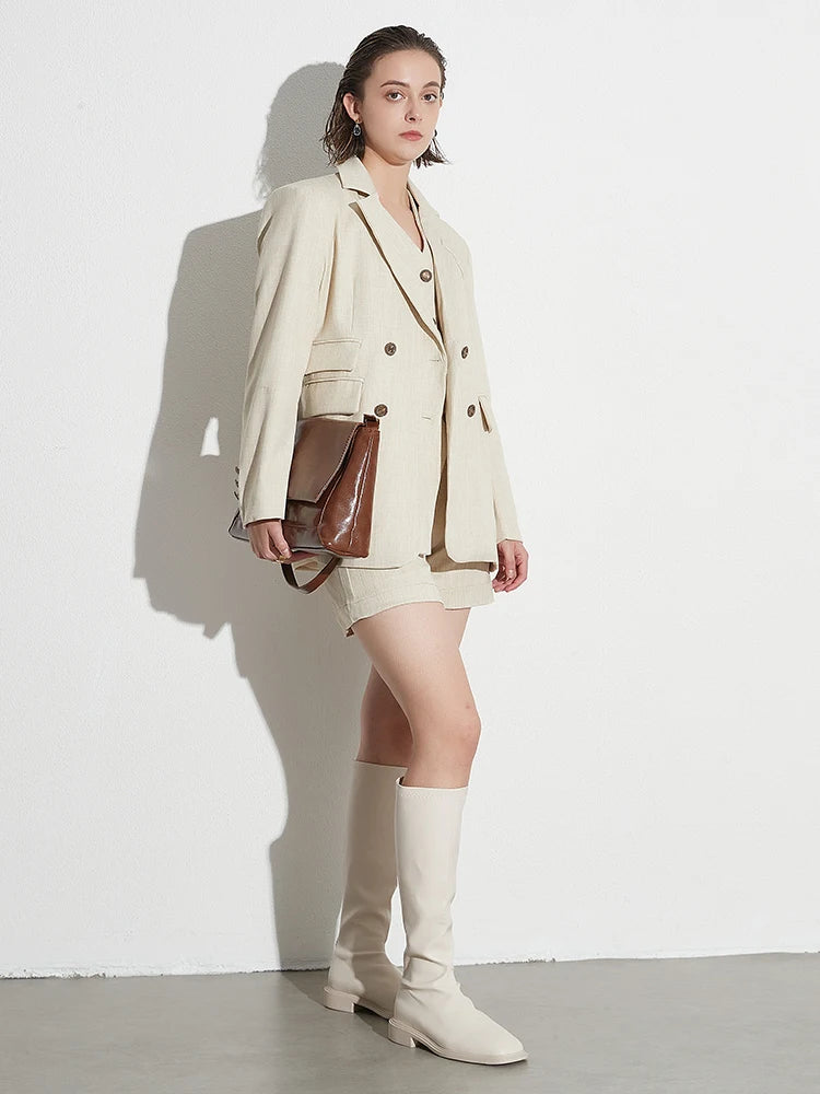 Beige dreiteilige Sets (Jacke + ärmellose, schmale Weste mit V-Ausschnitt + Shorts mit hoher Taille)