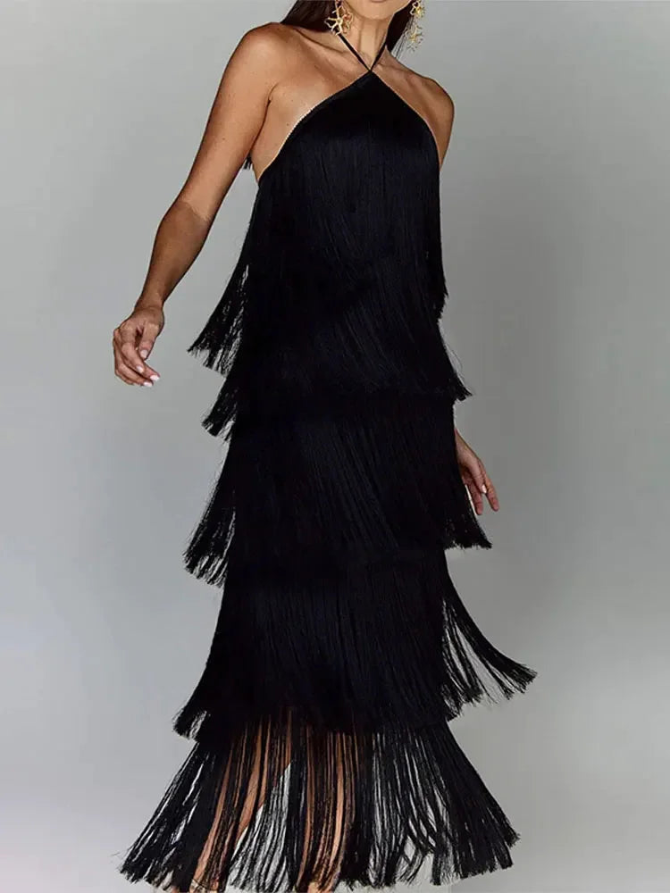 Chic Sleeveless Backless Metallic Color Tassel Long Dress