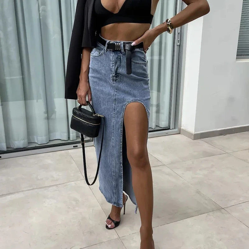 Vintage Streetwear High Waist Denim Midi Skirt