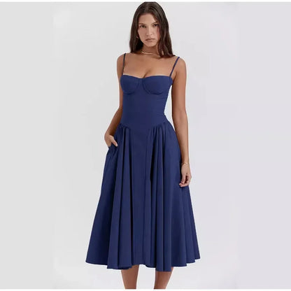 Elegant Retro Sleeveless Backless Pleated Midi Dress