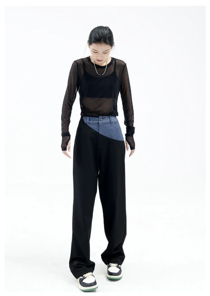 Casual Black Straight Jeans Vintage Patchwork Wide Leg Pants High Waist