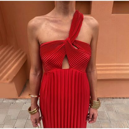 Fashion One Shoulder Hollow Out Pleated Maxi Dress