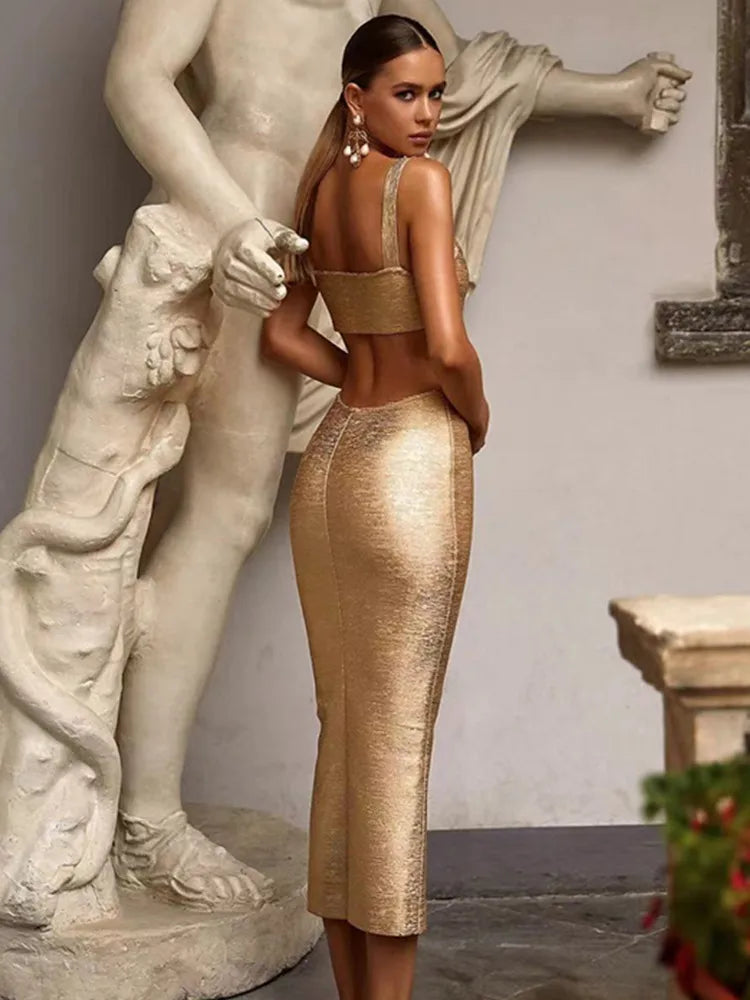 Sexy Backless Midi Gold Bronzing Dress 2023