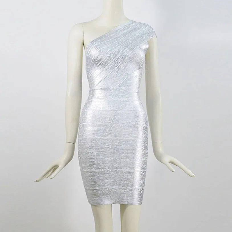 Gold Silver Sexy One Shoulder Bandage Sleeveless Dress