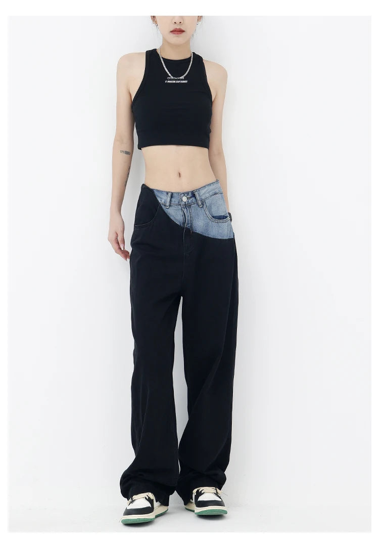 Casual Black Straight Jeans Vintage Patchwork Wide Leg Pants High Waist