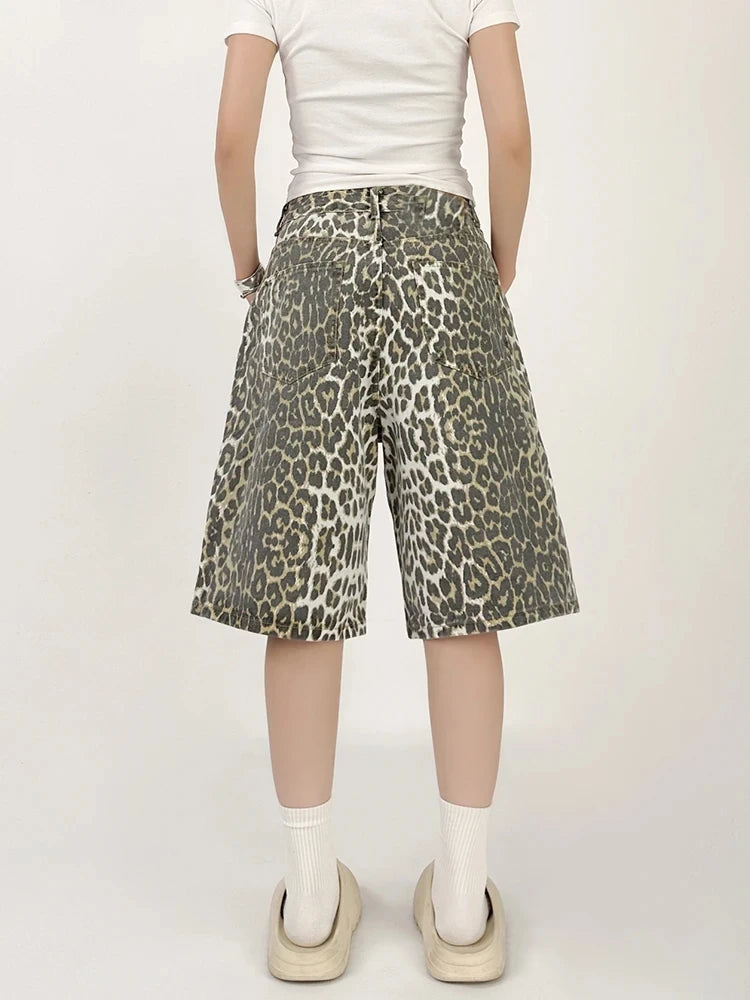 High Waist Straight Streetwear Shorts Jeans Leopard