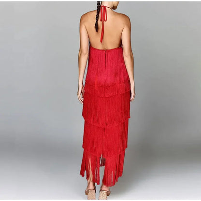 Chic Sleeveless Backless Metallic Color Tassel Long Dress