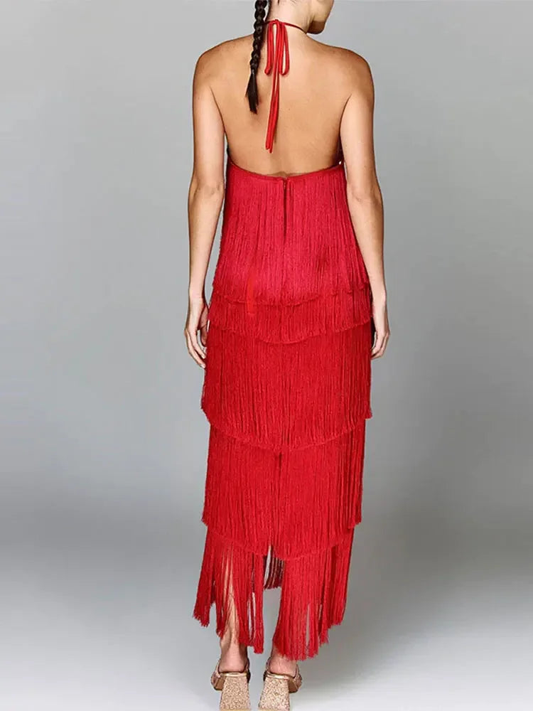 Chic Sleeveless Backless Metallic Color Tassel Long Dress