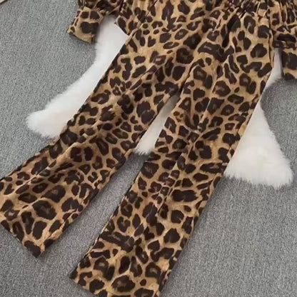 Casual Leopard Print Σετ 2 Τεμαχίων (μακρυμάνικο πουκάμισο & παντελόνι) 